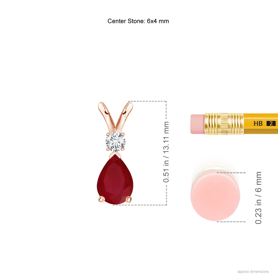 6x4mm AA Ruby Teardrop Pendant with Diamond in 9K Rose Gold ruler