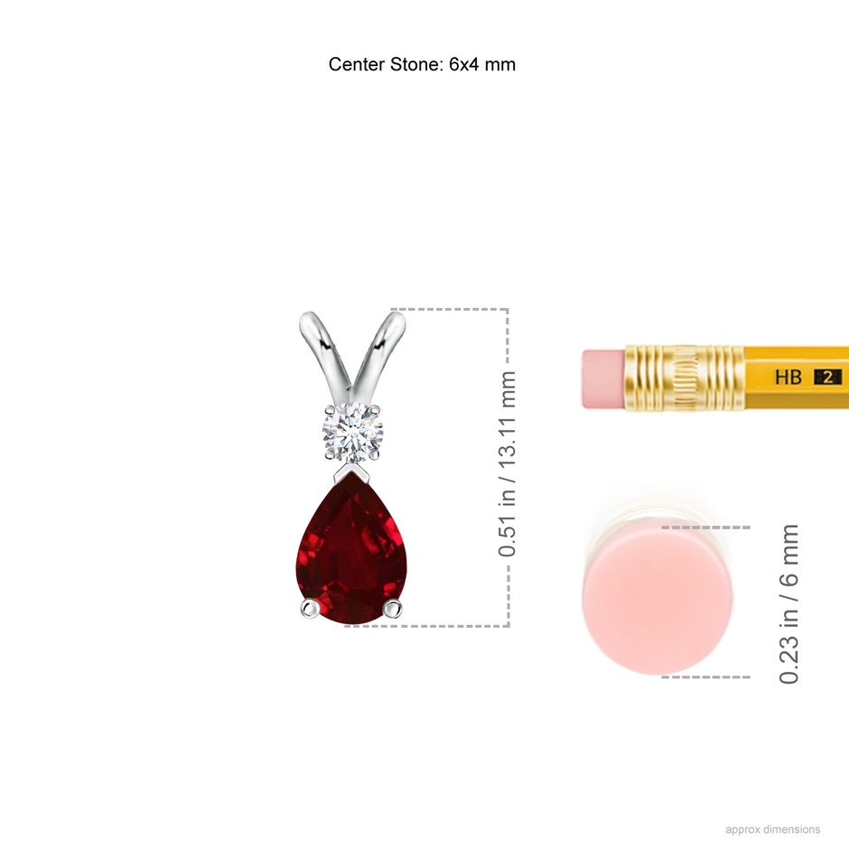 6x4mm AAAA Ruby Teardrop Pendant with Diamond in White Gold ruler