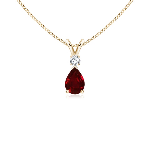 6x4mm AAAA Ruby Teardrop Pendant with Diamond in Yellow Gold