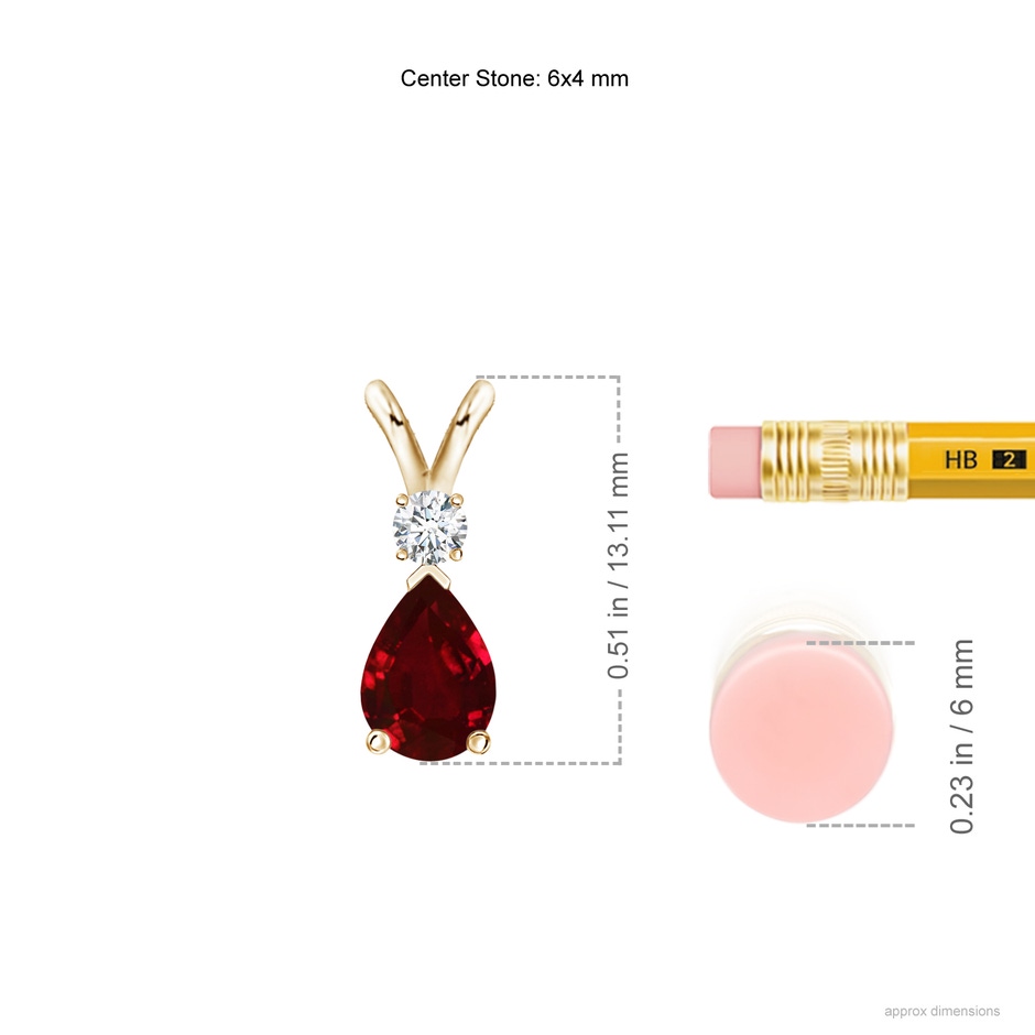 6x4mm AAAA Ruby Teardrop Pendant with Diamond in Yellow Gold ruler