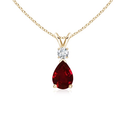 7x5mm AAAA Ruby Teardrop Pendant with Diamond in Yellow Gold