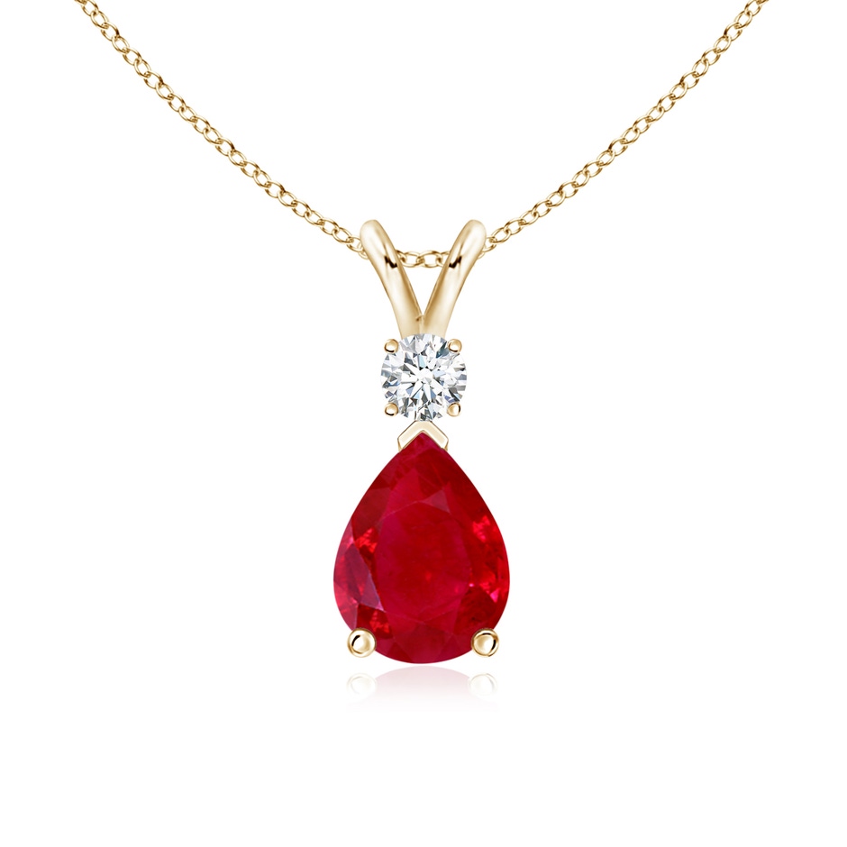 8x6mm AAA Ruby Teardrop Pendant with Diamond in Yellow Gold 