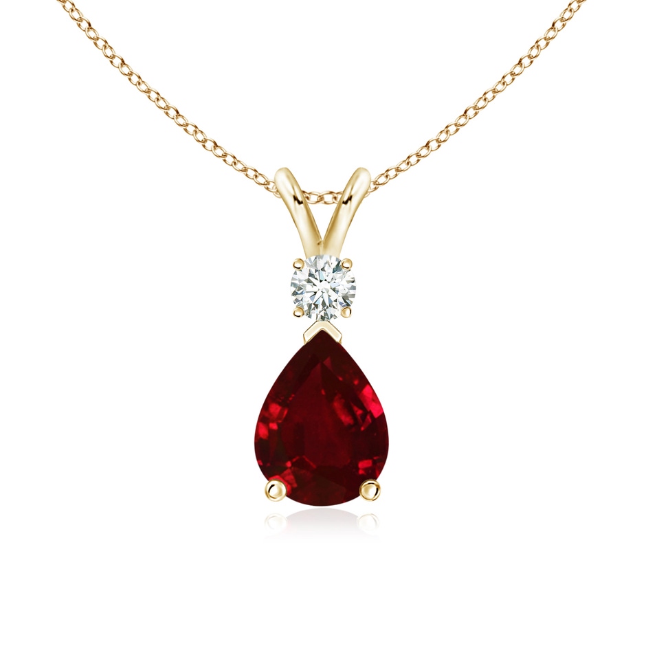 8x6mm AAAA Ruby Teardrop Pendant with Diamond in 18K Yellow Gold 