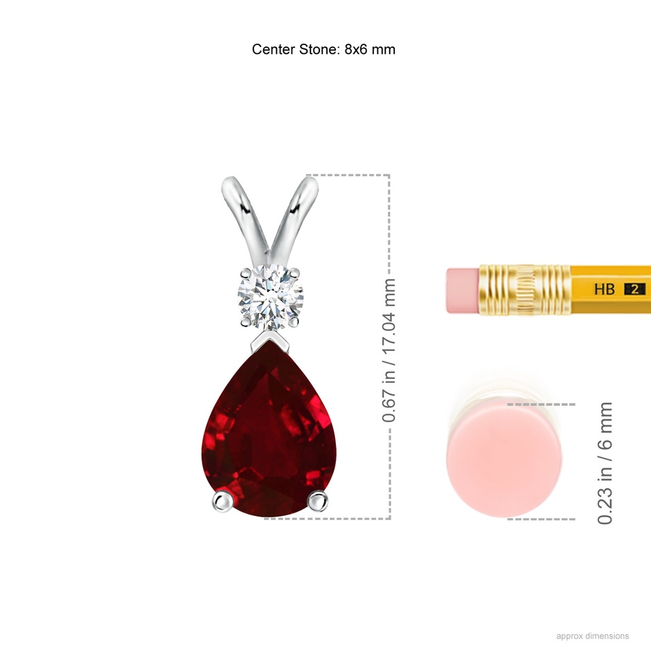 8x6mm AAAA Ruby Teardrop Pendant with Diamond in White Gold ruler