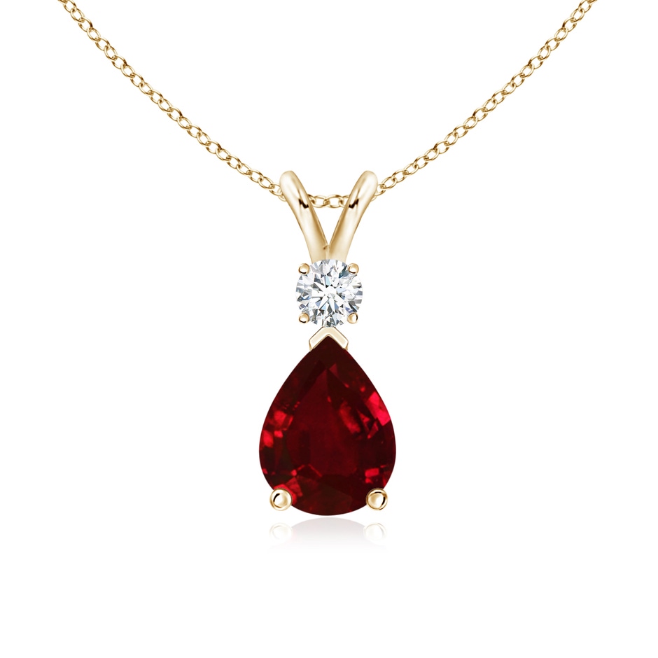 8x6mm AAAA Ruby Teardrop Pendant with Diamond in Yellow Gold 