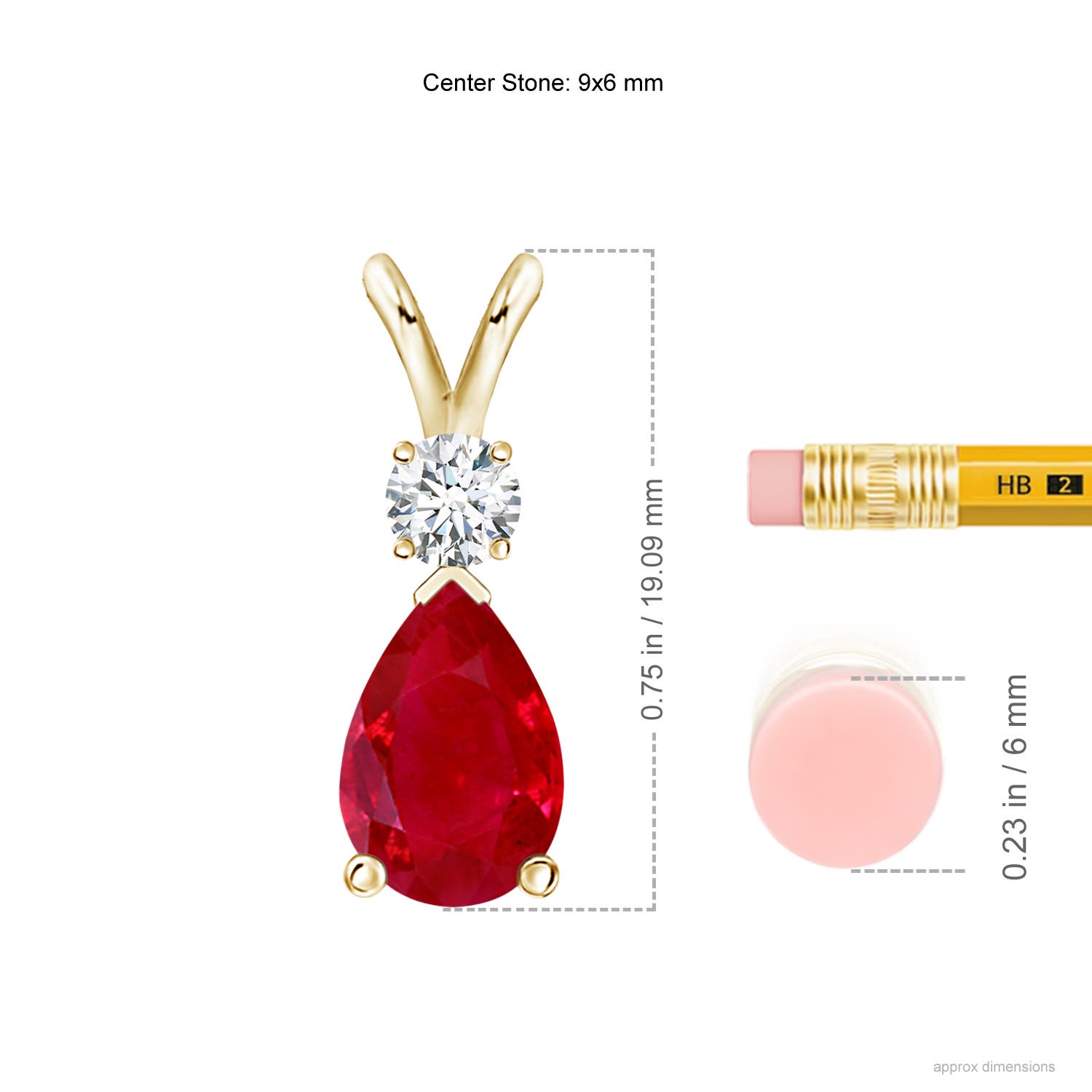 9x6mm AAA Ruby Teardrop Pendant with Diamond in 18K Yellow Gold - ruler