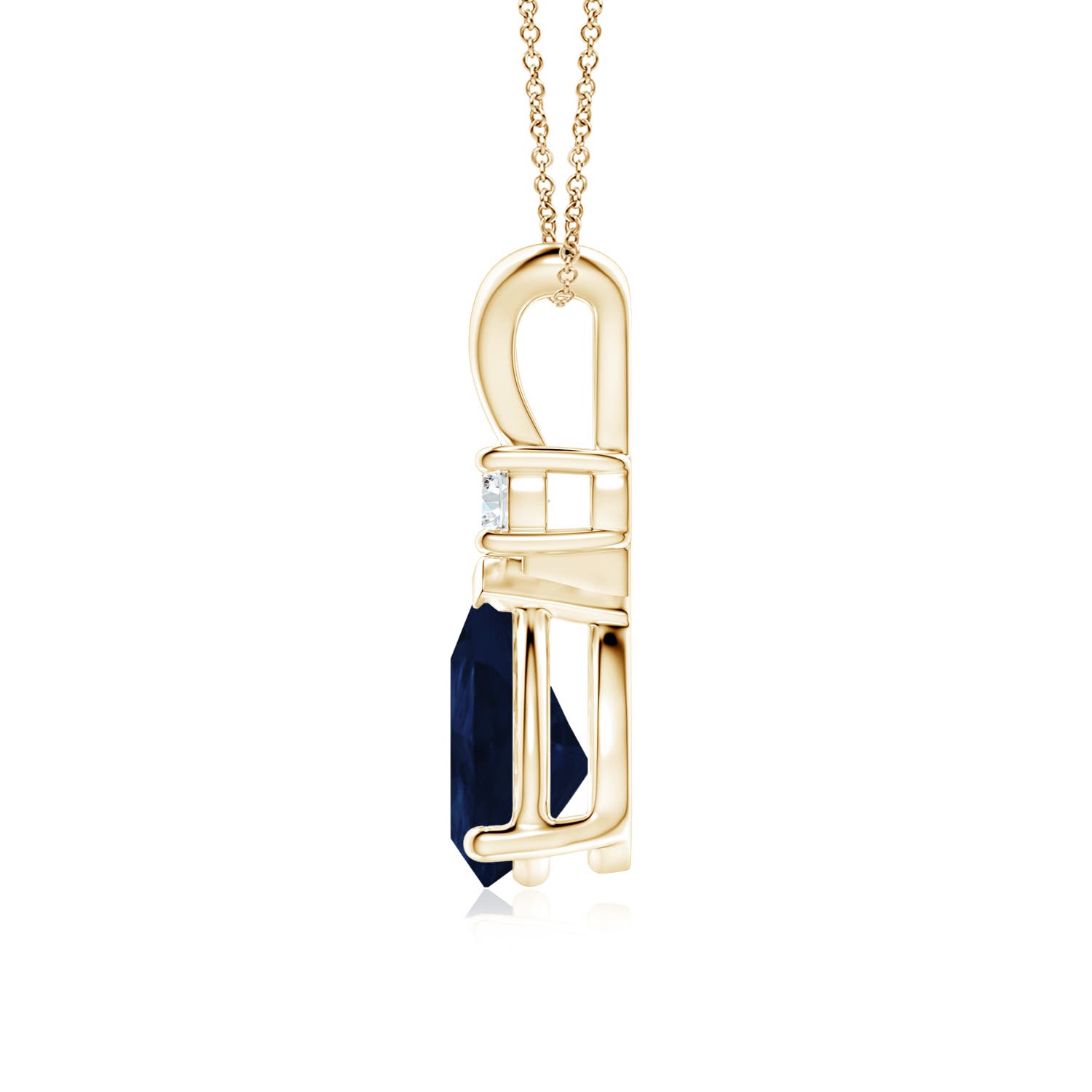10x8mm A Prong-Set Blue Sapphire Teardrop V-Bale Pendant with Diamond in Yellow Gold