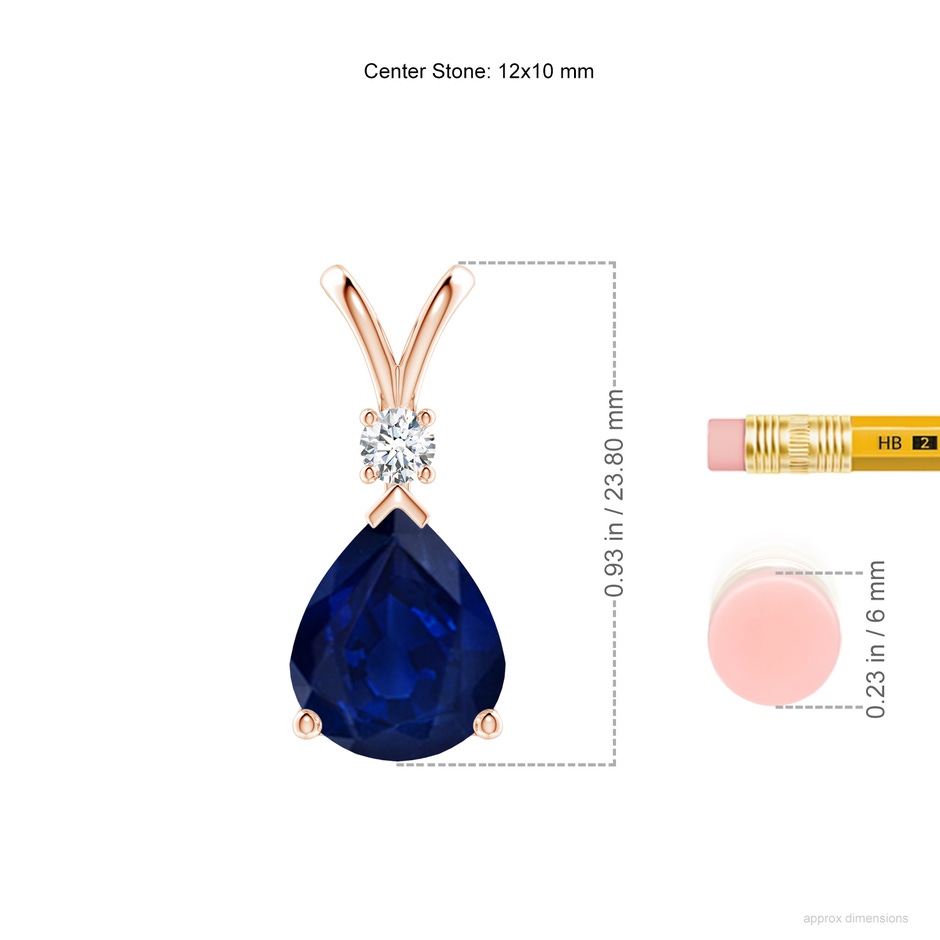 12x10mm AA Blue Sapphire Teardrop Pendant with Diamond in Rose Gold ruler