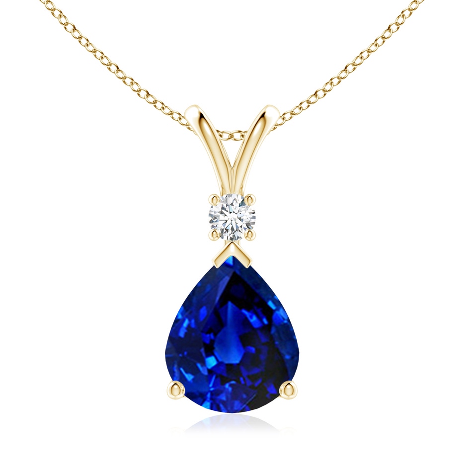 12x10mm Lab-Grown Blue Sapphire Teardrop Pendant with Diamond in 18K Yellow Gold 
