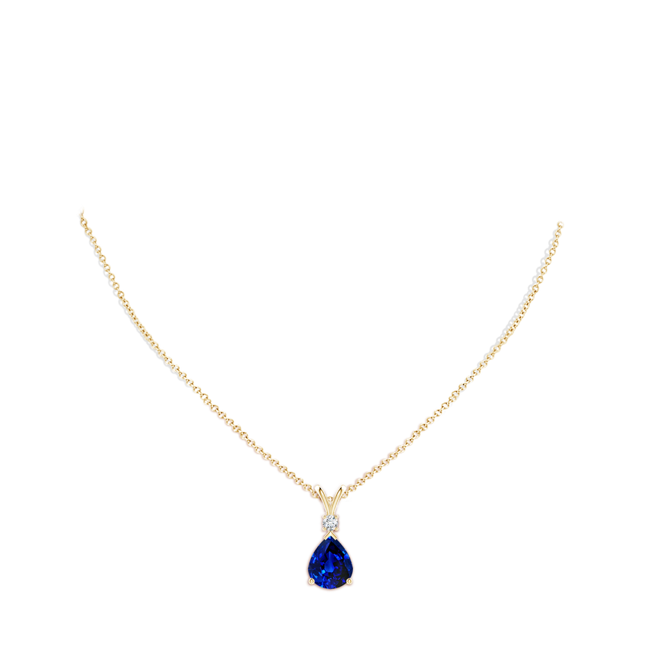 12x10mm Lab-Grown Blue Sapphire Teardrop Pendant with Diamond in 18K Yellow Gold pen