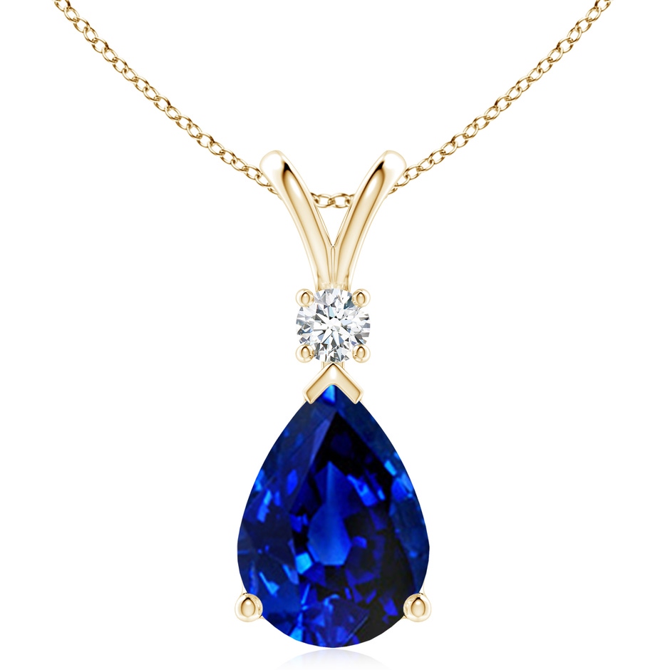 14x10mm Lab-Grown Blue Sapphire Teardrop Pendant with Diamond in Yellow Gold 