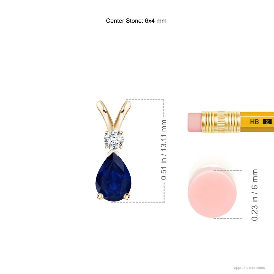 6x4mm AA Blue Sapphire Teardrop Pendant with Diamond in Yellow Gold ruler