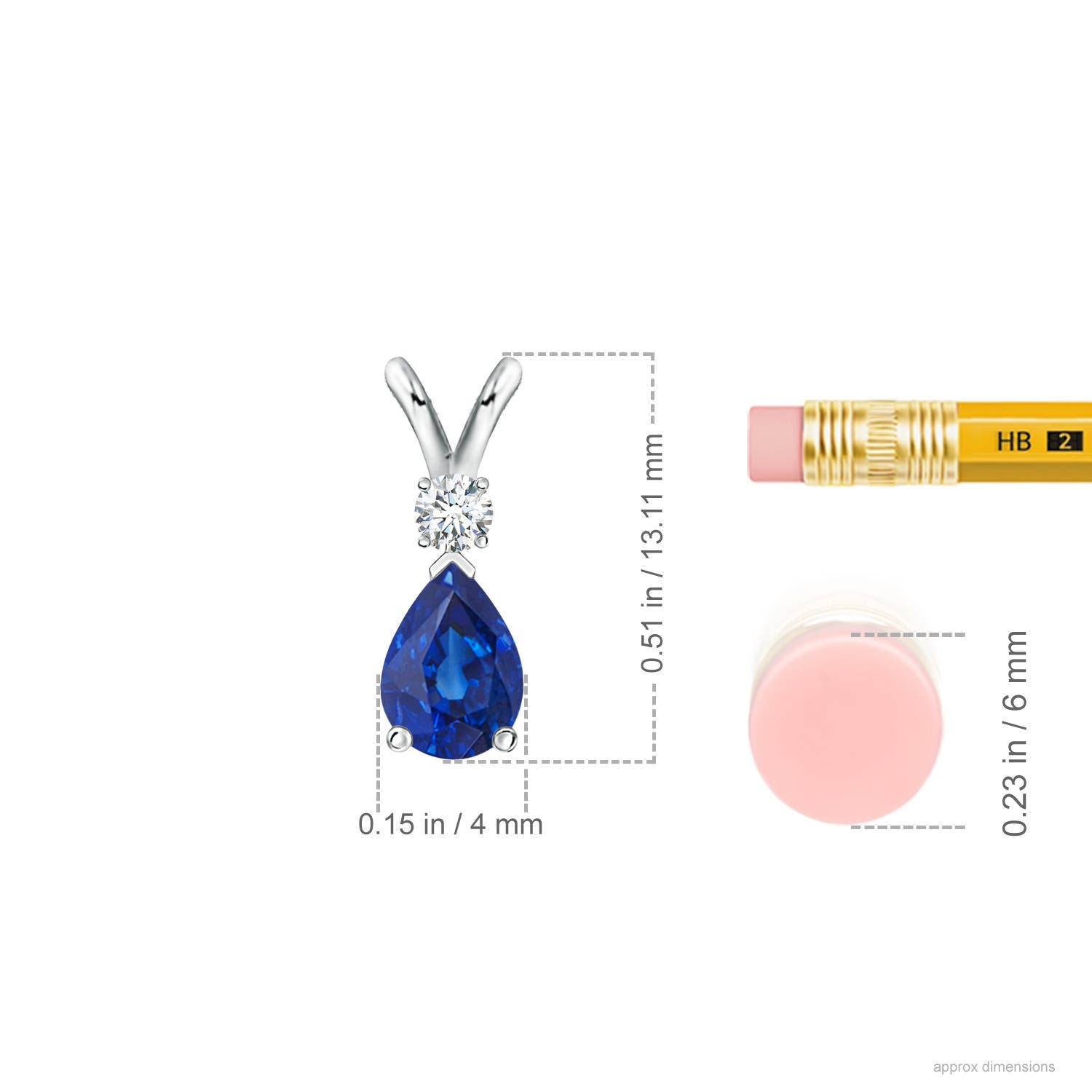 6x4mm AAA Blue Sapphire Teardrop Pendant with Diamond in White Gold - ruler
