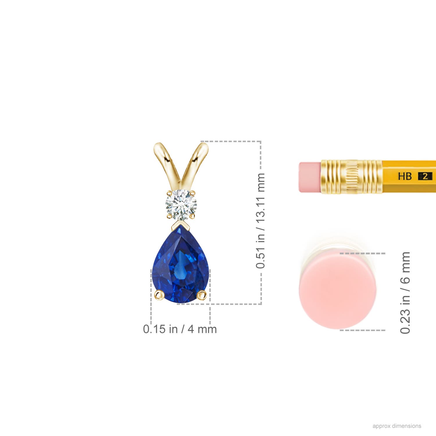 6x4mm AAA Blue Sapphire Teardrop Pendant with Diamond in Yellow Gold - ruler