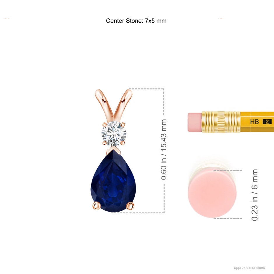 7x5mm AA Blue Sapphire Teardrop Pendant with Diamond in Rose Gold ruler