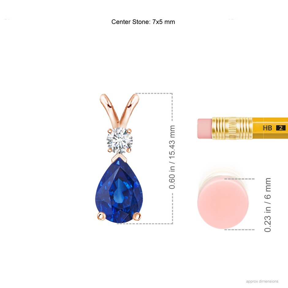 7x5mm AAA Blue Sapphire Teardrop Pendant with Diamond in Rose Gold ruler