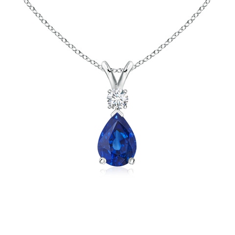 7x5mm AAA Prong-Set Blue Sapphire Teardrop V-Bale Pendant with Diamond in White Gold