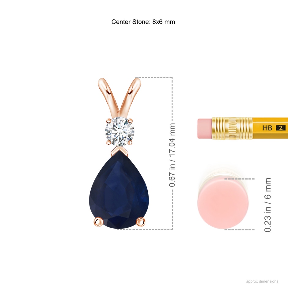 8x6mm A Blue Sapphire Teardrop Pendant with Diamond in Rose Gold ruler