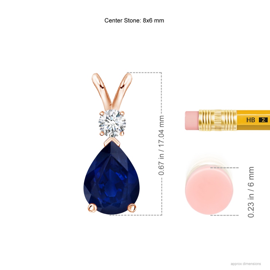 8x6mm AA Blue Sapphire Teardrop Pendant with Diamond in Rose Gold ruler