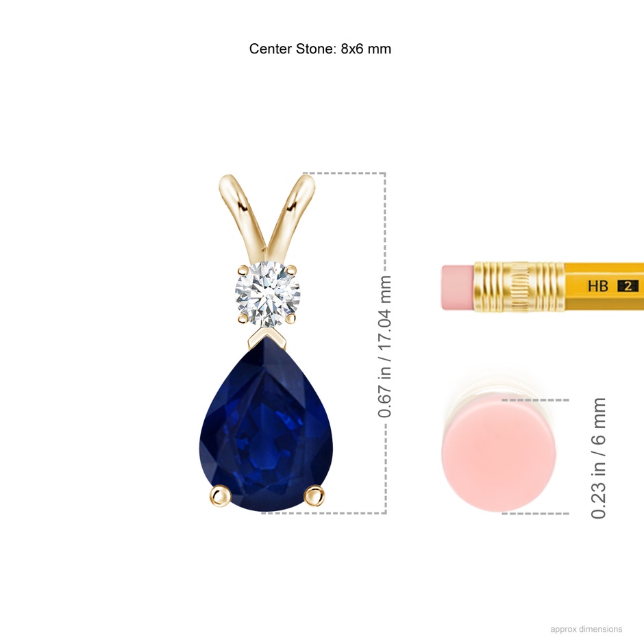 8x6mm AA Blue Sapphire Teardrop Pendant with Diamond in Yellow Gold ruler