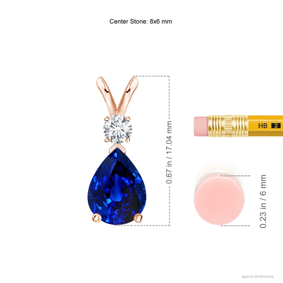 8x6mm AAAA Blue Sapphire Teardrop Pendant with Diamond in Rose Gold ruler