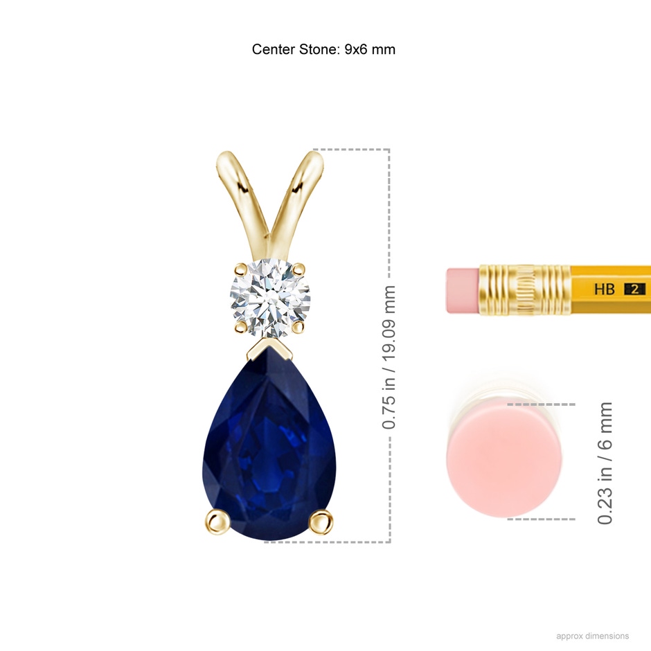 9x6mm AA Blue Sapphire Teardrop Pendant with Diamond in 18K Yellow Gold ruler
