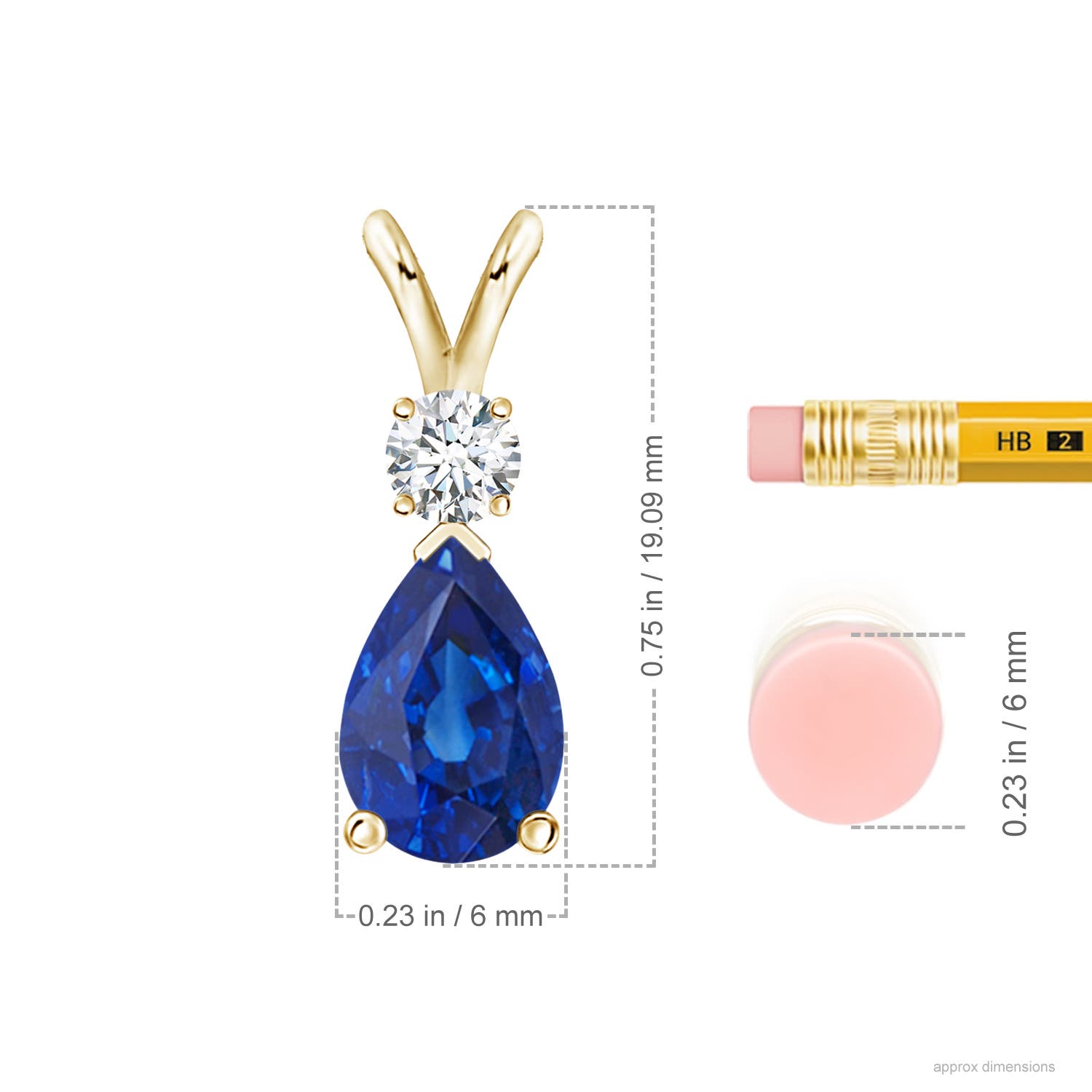 9x6mm AAA Blue Sapphire Teardrop Pendant with Diamond in 18K Yellow Gold - ruler