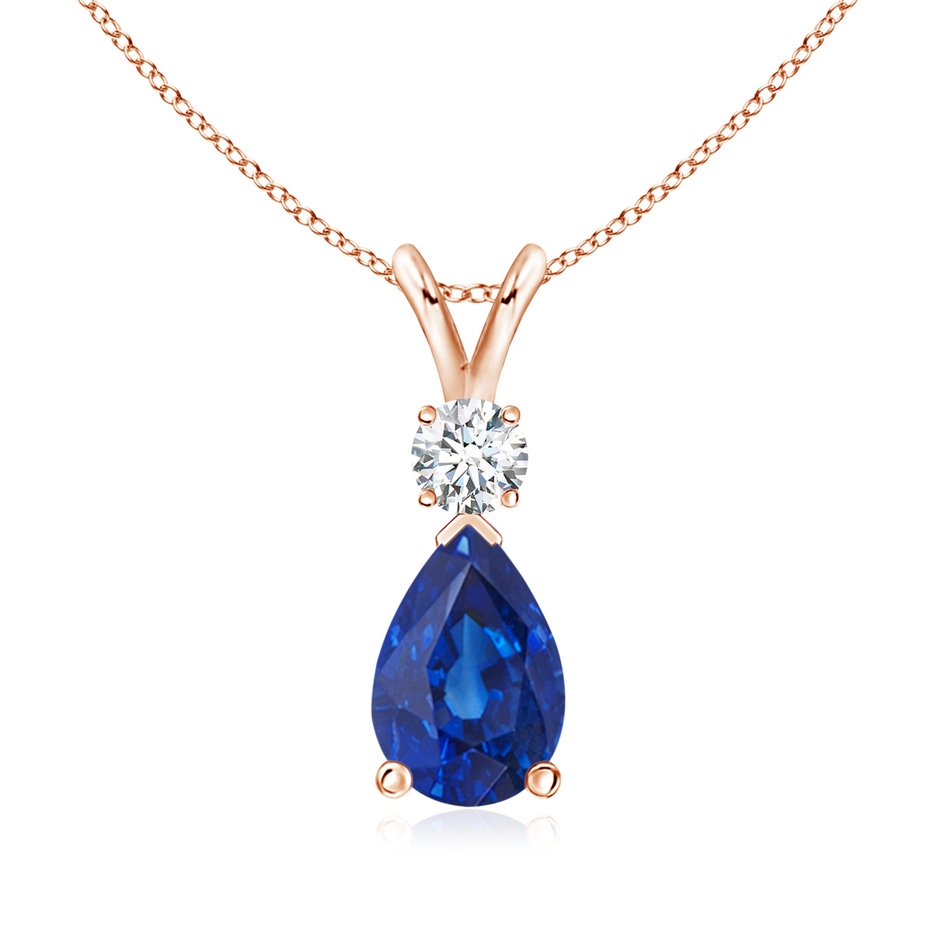 9x6mm AAA Blue Sapphire Teardrop Pendant with Diamond in Rose Gold 