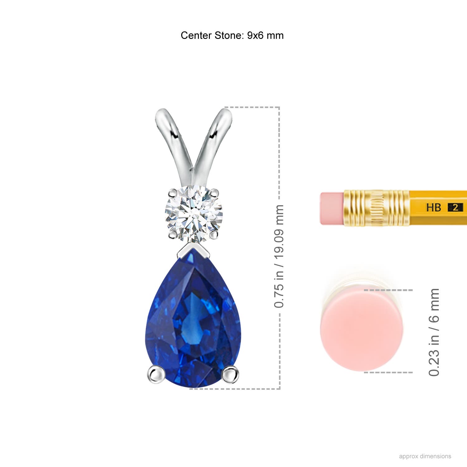 9x6mm AAA Blue Sapphire Teardrop Pendant with Diamond in White Gold - ruler