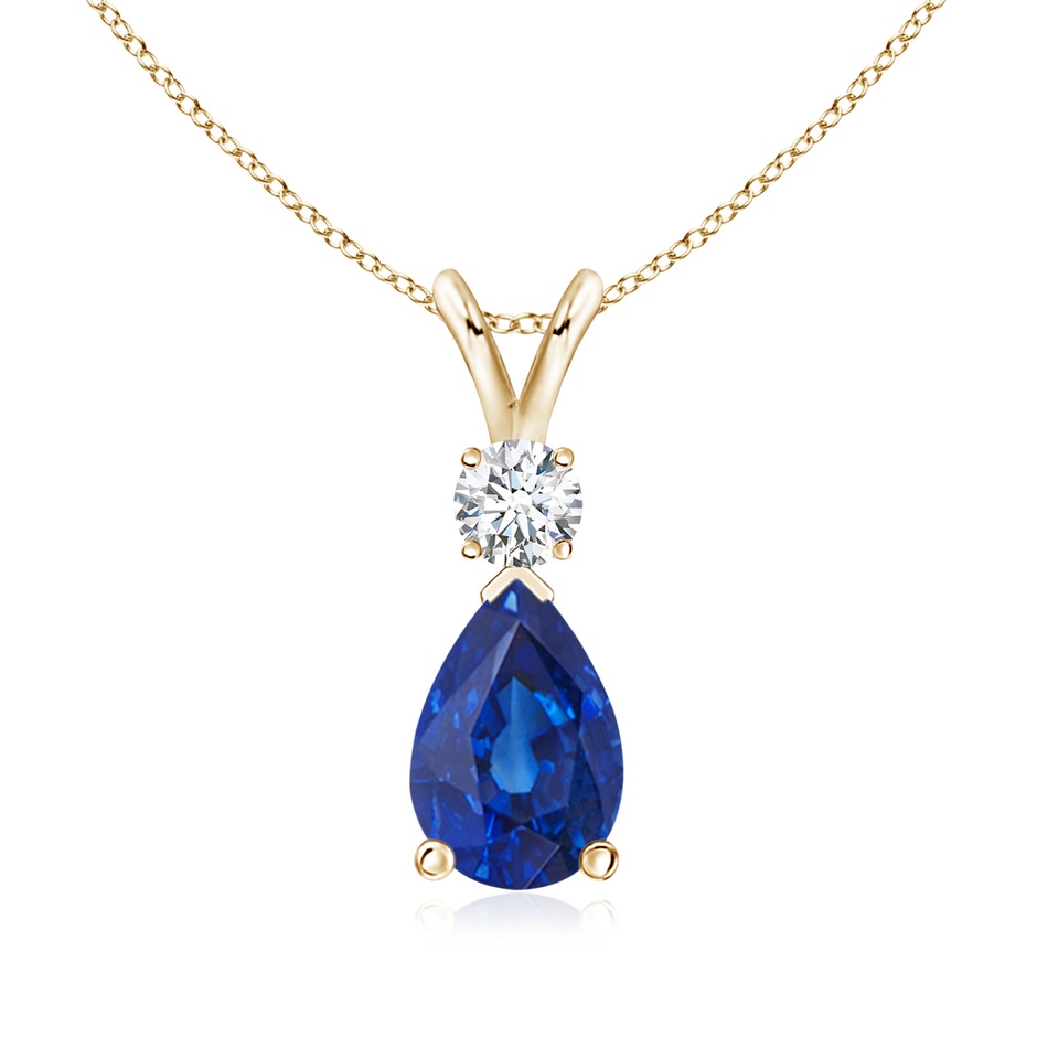 9x6mm AAA Blue Sapphire Teardrop Pendant with Diamond in Yellow Gold 