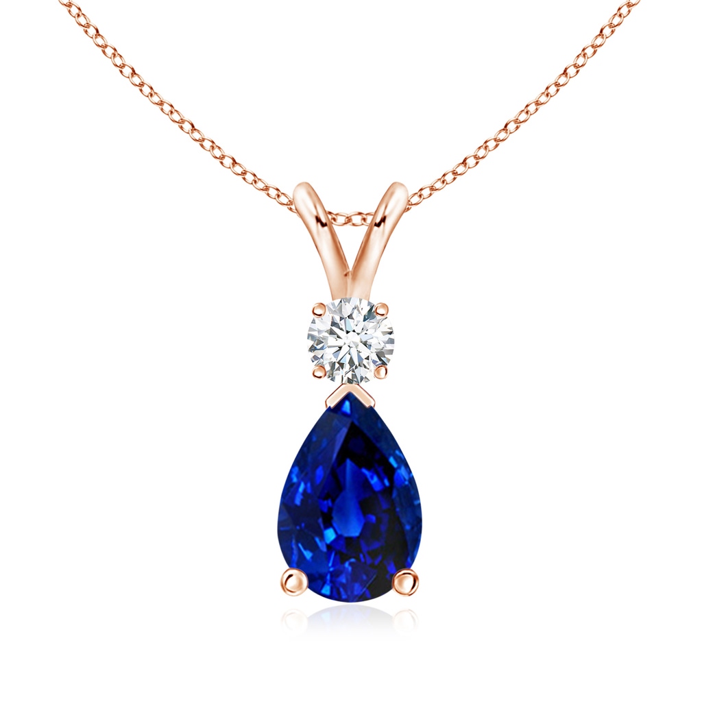 9x6mm AAAA Blue Sapphire Teardrop Pendant with Diamond in Rose Gold 