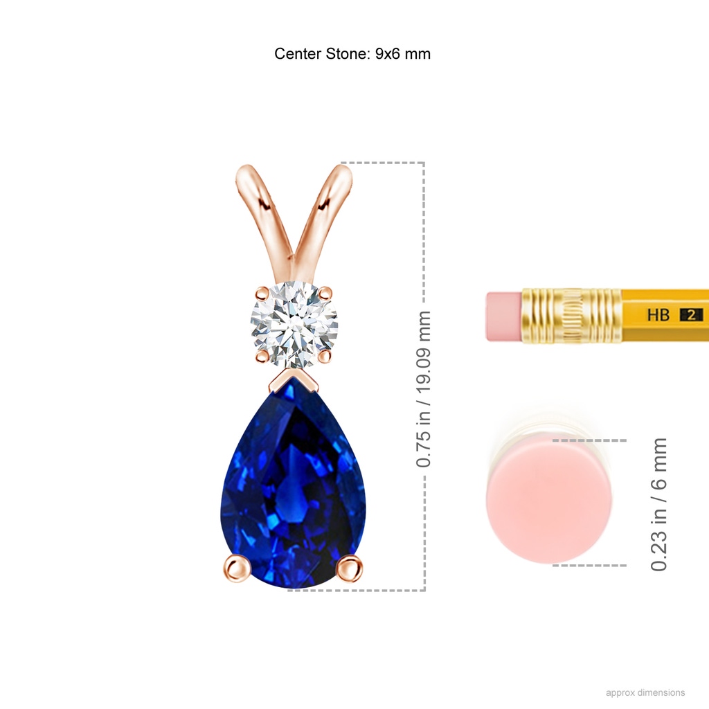 9x6mm AAAA Blue Sapphire Teardrop Pendant with Diamond in Rose Gold ruler