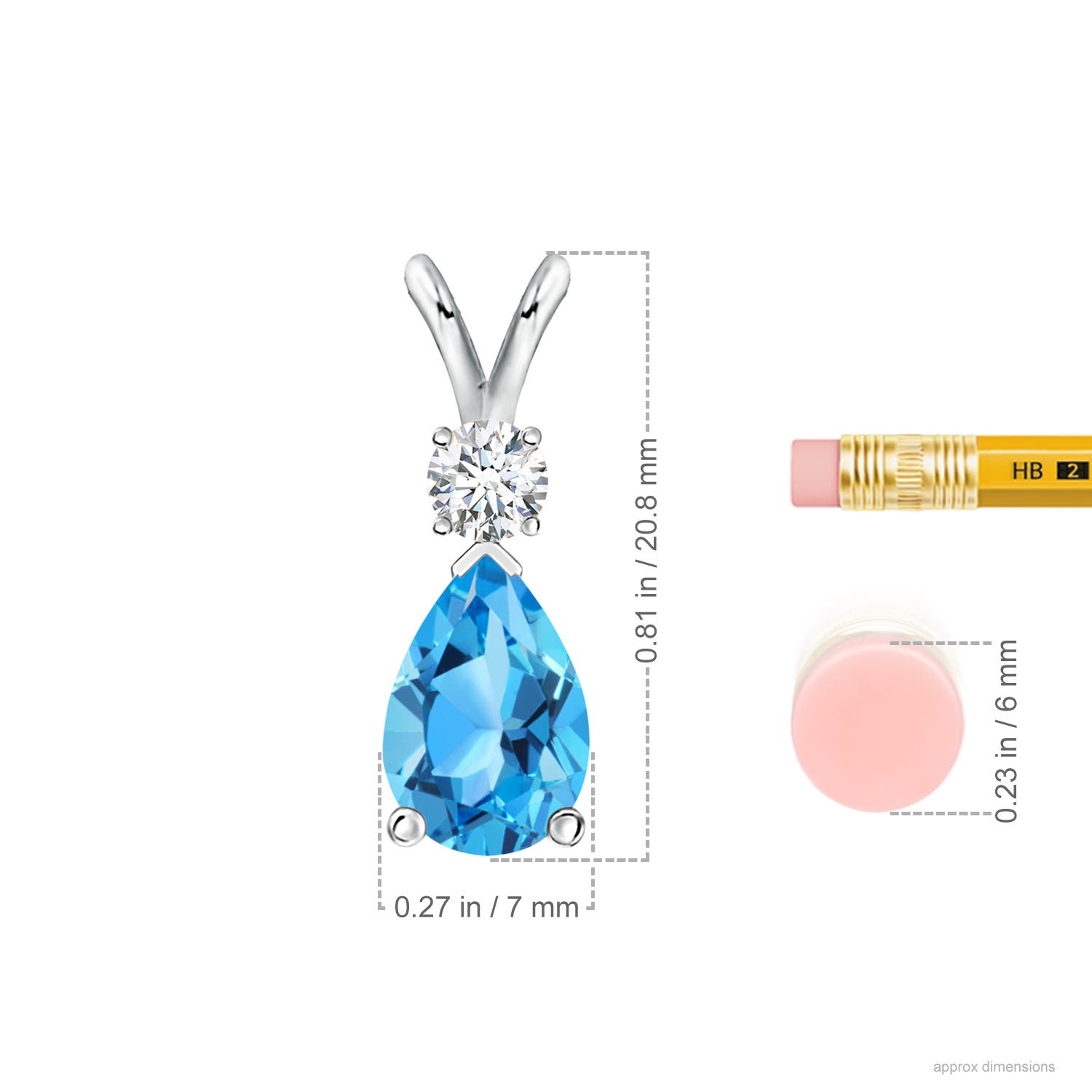 10x7mm AAA Prong-Set Swiss Blue Topaz Teardrop V-Bale Pendant with Diamond in P950 Platinum - ruler