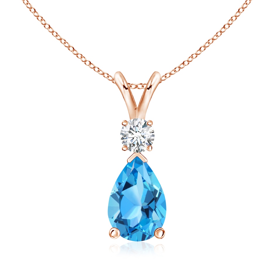 10x7mm AAA Prong-Set Swiss Blue Topaz Teardrop V-Bale Pendant with Diamond in Rose Gold 