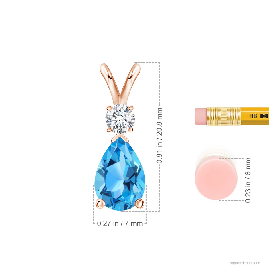 10x7mm AAA Prong-Set Swiss Blue Topaz Teardrop V-Bale Pendant with Diamond in Rose Gold ruler