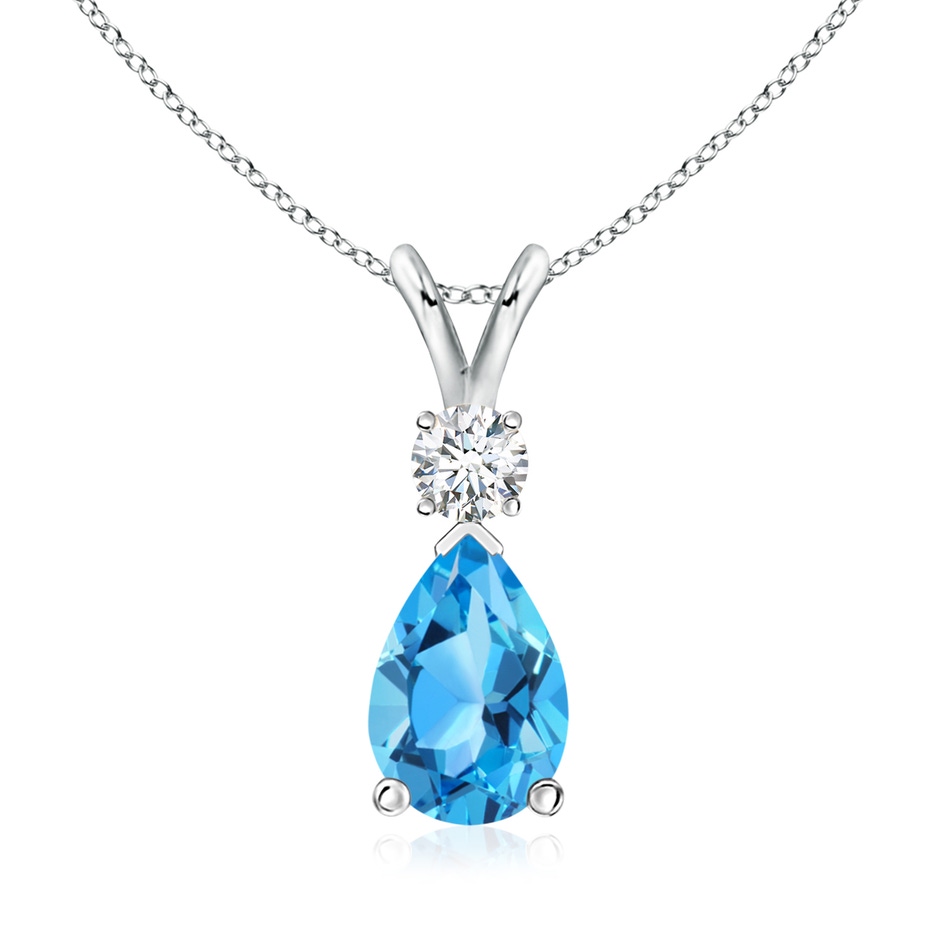 10x7mm AAA Prong-Set Swiss Blue Topaz Teardrop V-Bale Pendant with Diamond in White Gold 