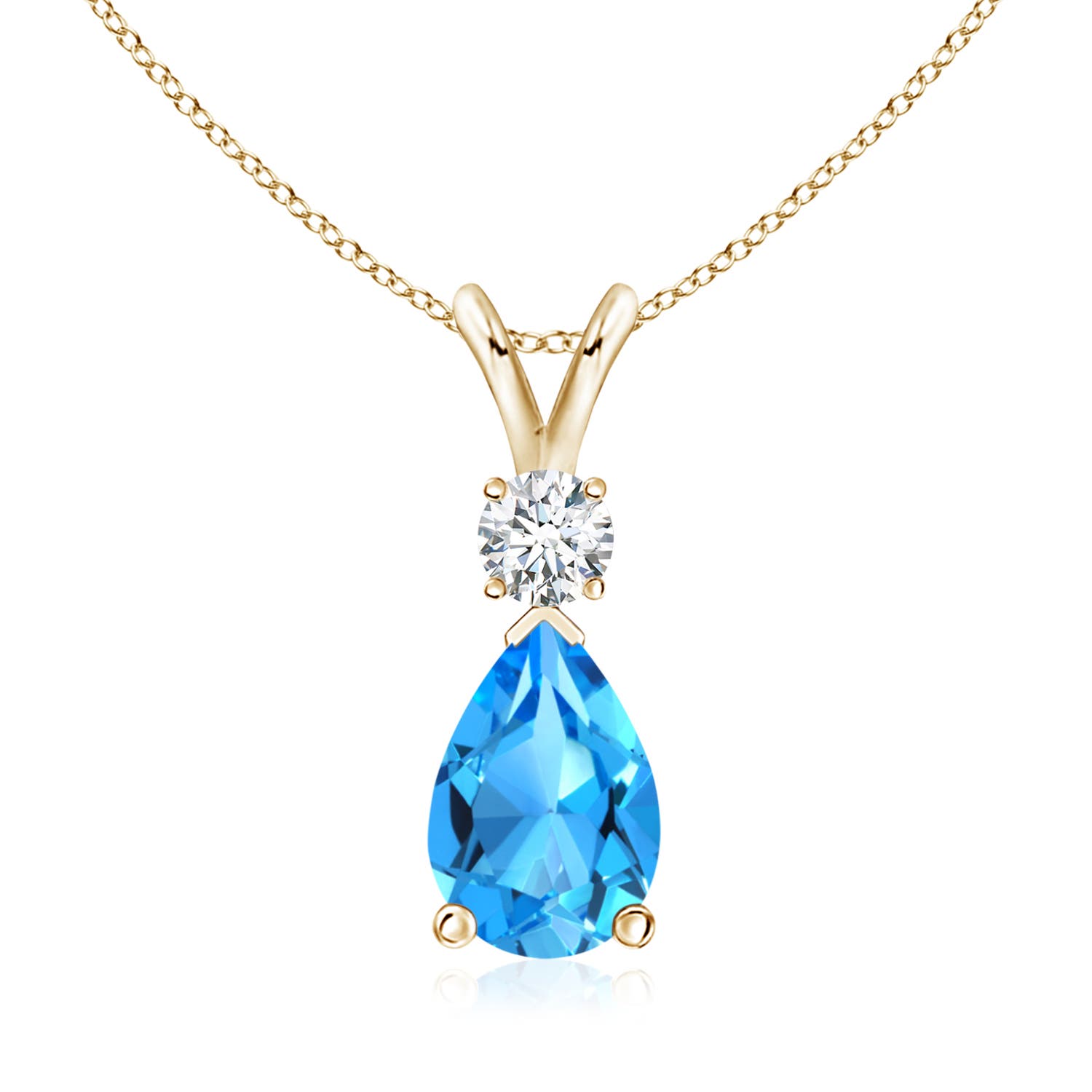 10x7mm AAAA Prong-Set Swiss Blue Topaz Teardrop V-Bale Pendant with Diamond in 18K Yellow Gold