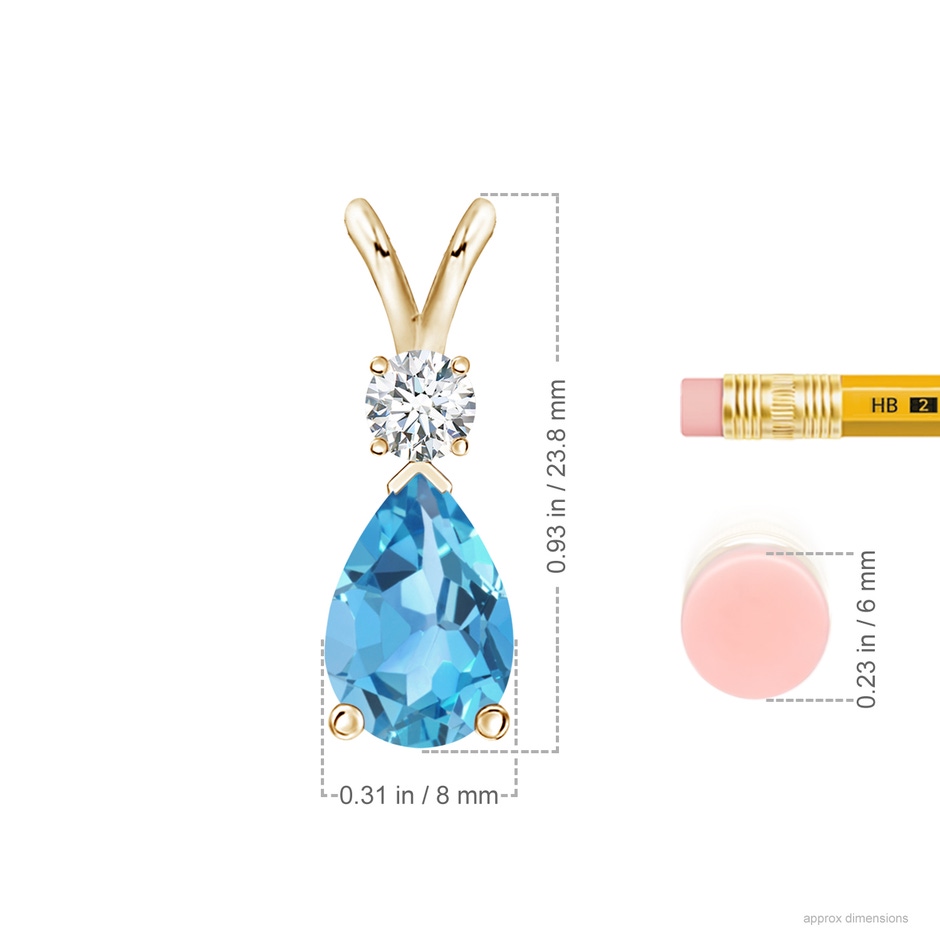 12x8mm AA Prong-Set Swiss Blue Topaz Teardrop V-Bale Pendant with Diamond in Yellow Gold ruler