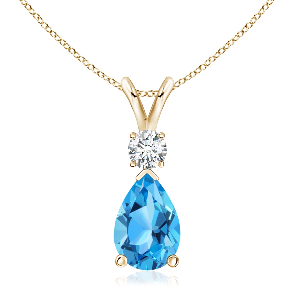 12x8mm AAA Prong-Set Swiss Blue Topaz Teardrop V-Bale Pendant with Diamond in Yellow Gold 