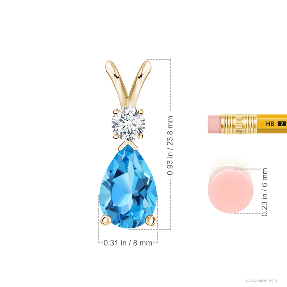 12x8mm AAA Prong-Set Swiss Blue Topaz Teardrop V-Bale Pendant with Diamond in Yellow Gold ruler