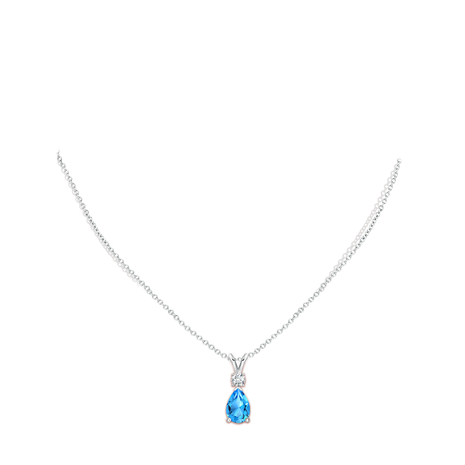 12x8mm AAAA Swiss Blue Topaz Teardrop Pendant with Diamond in 9K White Gold body-neck