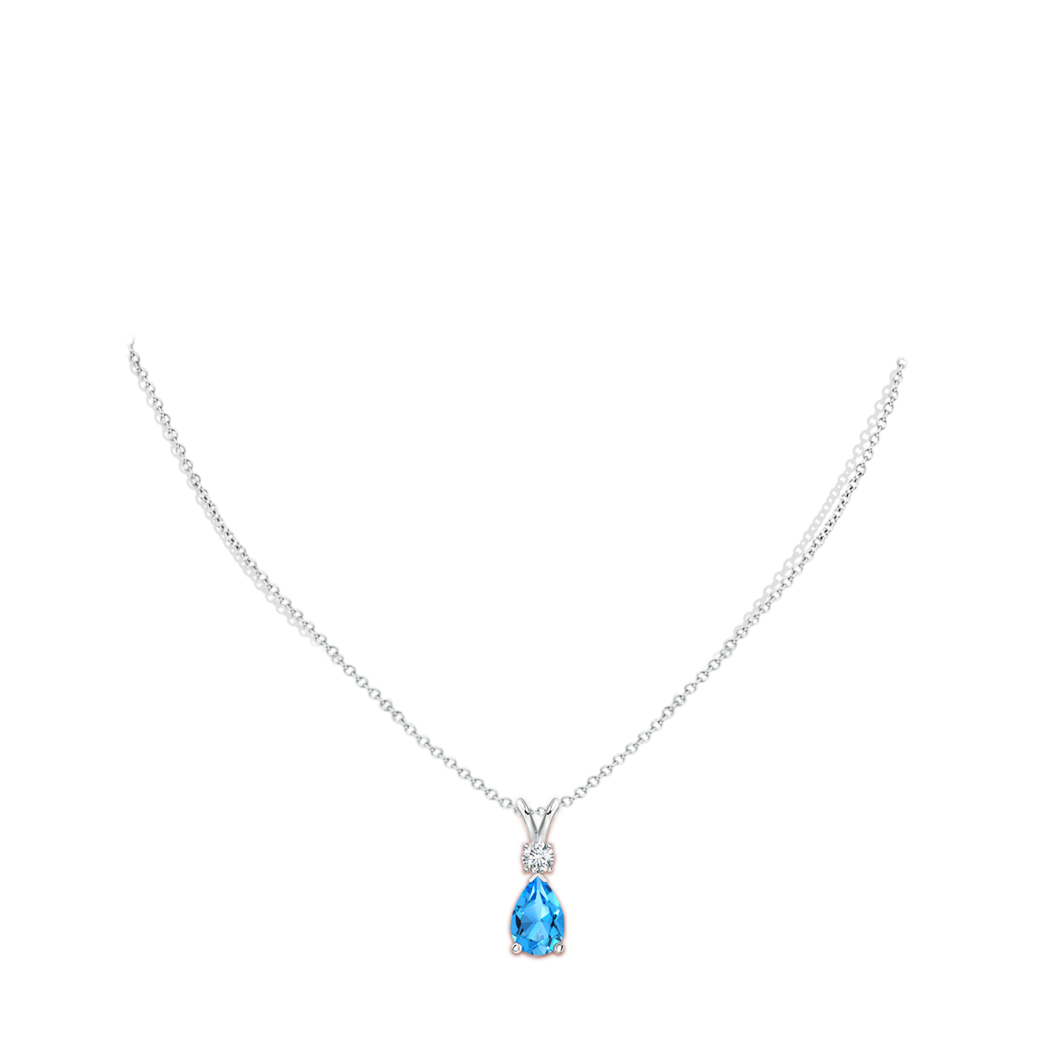 12x8mm AAAA Prong-Set Swiss Blue Topaz Teardrop V-Bale Pendant with Diamond in White Gold - body_neck
