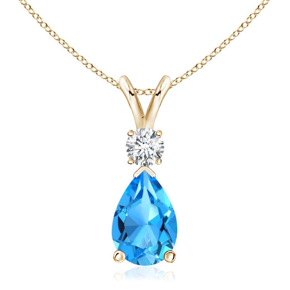 12x8mm AAAA Prong-Set Swiss Blue Topaz Teardrop V-Bale Pendant with Diamond in Yellow Gold 