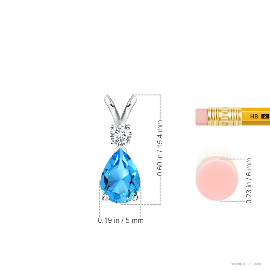 7x5mm AAAA Prong-Set Swiss Blue Topaz Teardrop V-Bale Pendant with Diamond in S999 Silver ruler