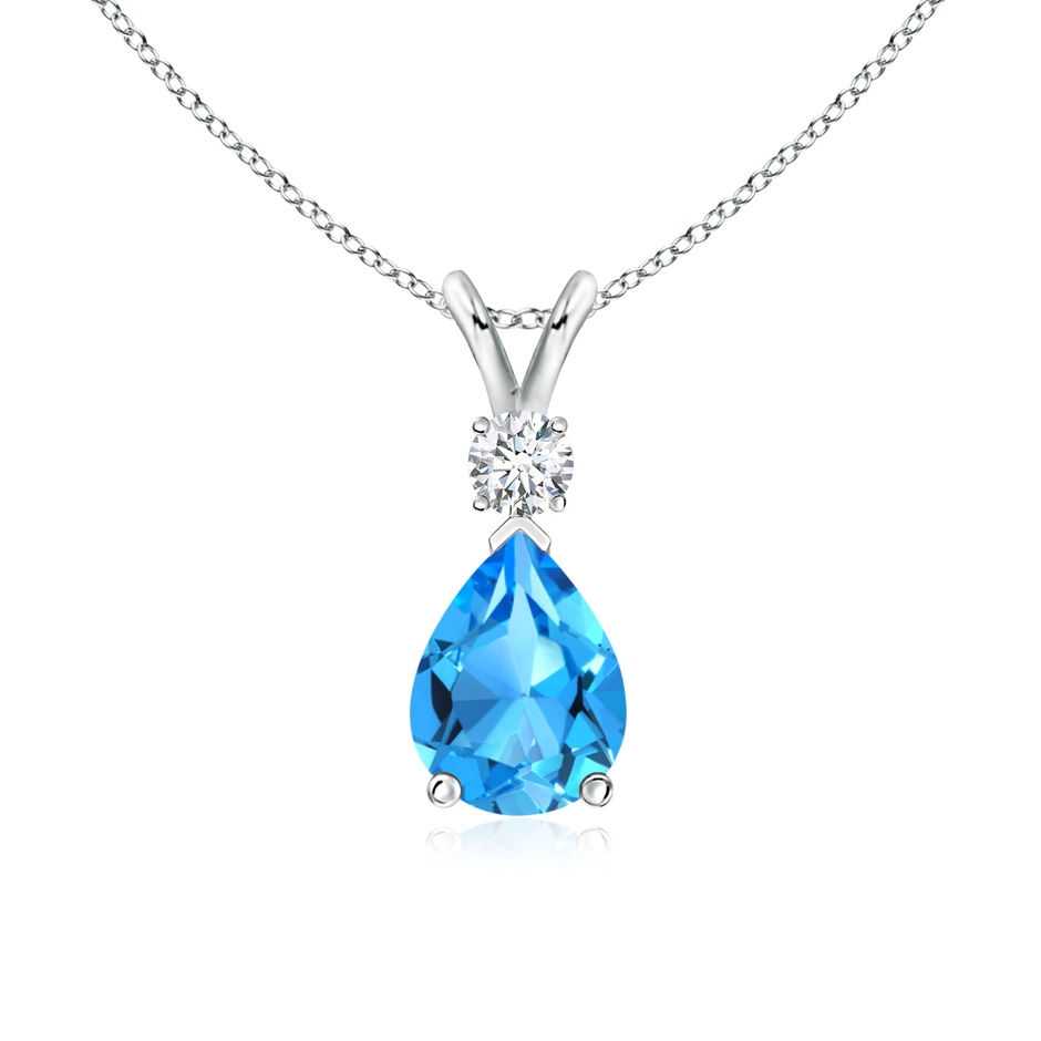 8x6mm AAAA Prong-Set Swiss Blue Topaz Teardrop V-Bale Pendant with Diamond in P950 Platinum 