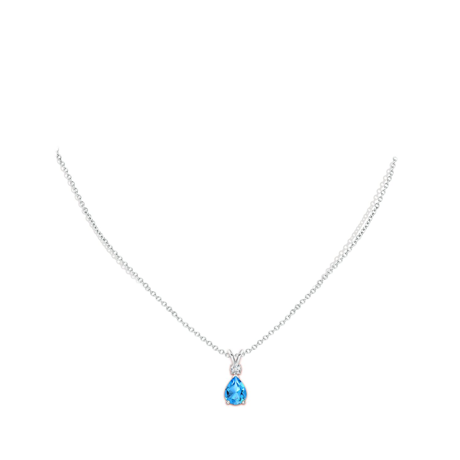 8x6mm AAAA Prong-Set Swiss Blue Topaz Teardrop V-Bale Pendant with Diamond in White Gold - body_neck