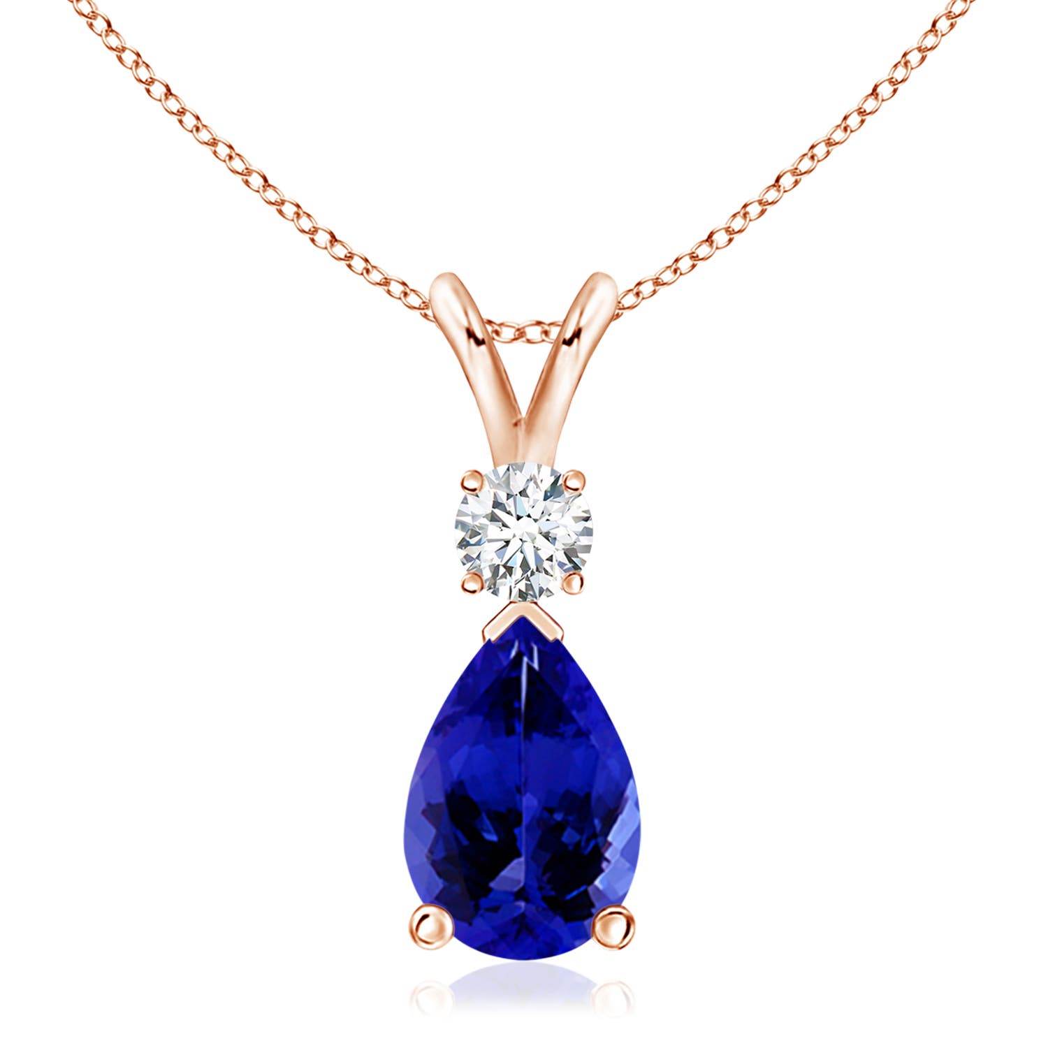 12x8mm AAAA Prong-Set Tanzanite Teardrop V-Bale Pendant with Diamond in Rose Gold