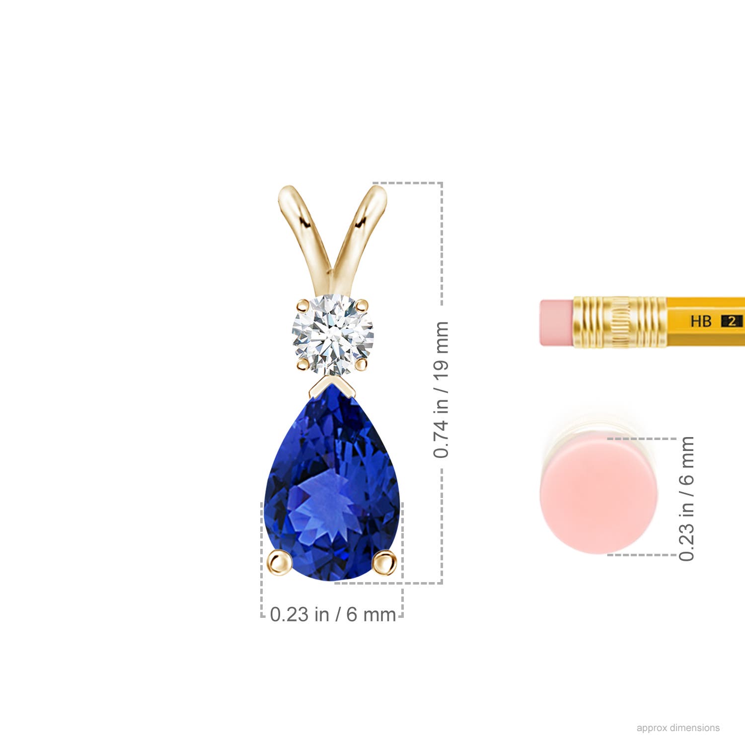 9x6mm AAA Prong-Set Tanzanite Teardrop V-Bale Pendant with Diamond in 18K Yellow Gold - ruler