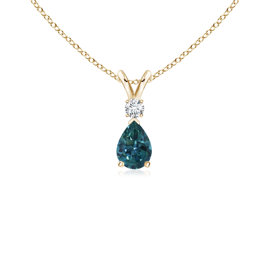 6x4mm AAA Teal Montana Sapphire Teardrop Pendant with Diamond in Yellow Gold 