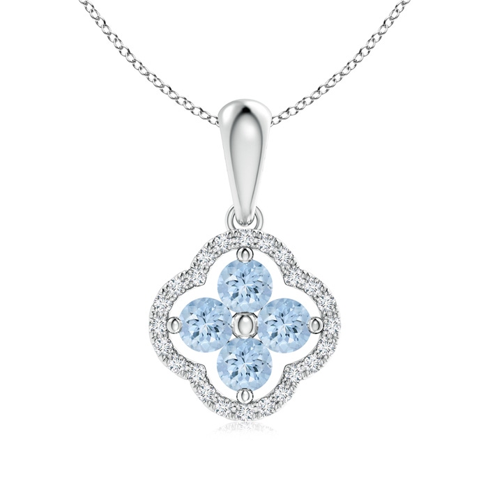 3mm AA Diamond Framed Aquamarine Clover Pendant in White Gold